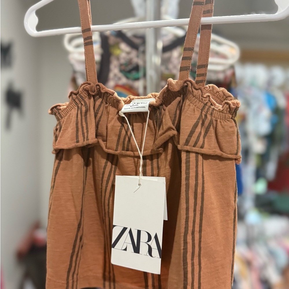 Zara Tan Striped Ruffle Top